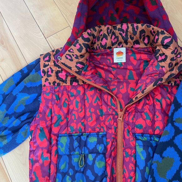 Colourful Leopard-Print Farm Rio Hooded Cropped Puffer Jacket in size Medium - Picture 2 of 14